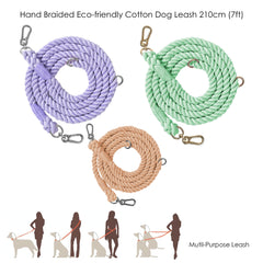 Multi-purpose Rope Dog Leash Handmade with Eco-Friendly Cotton, Purple Green Brown Featuring 7ft/210cm, Hands free, Two dog leash