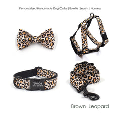 Personalized Engraved Handmade Brown Leopard Dog Collar or Dog Collar and Lead, Harness Set, Dog Bowtie Available