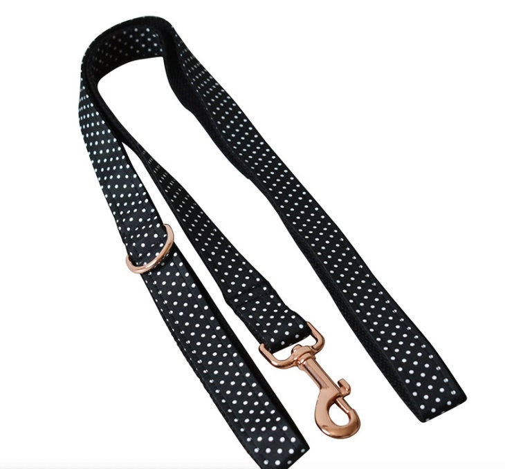 Black Polka Dog Collar and Lead Set, Bowtie and Harness Available