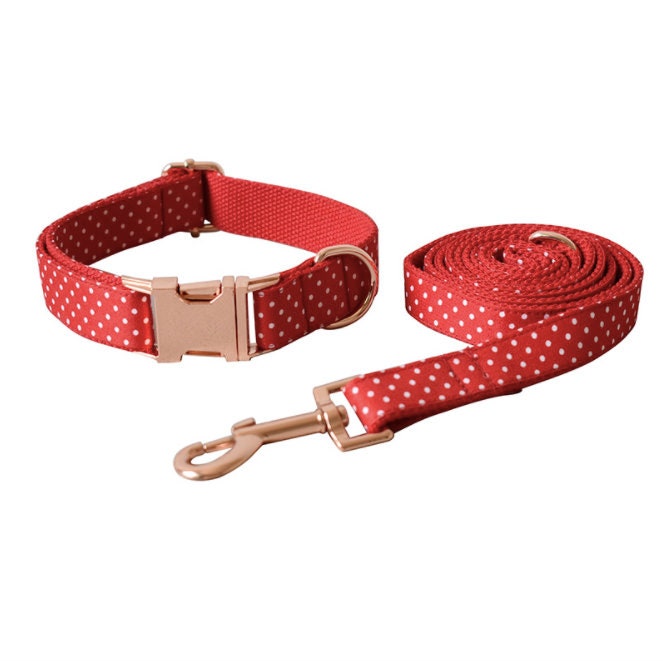 Red Polka Dot Dog Collar and Lead Set, Bowtie, and Step-in Harness