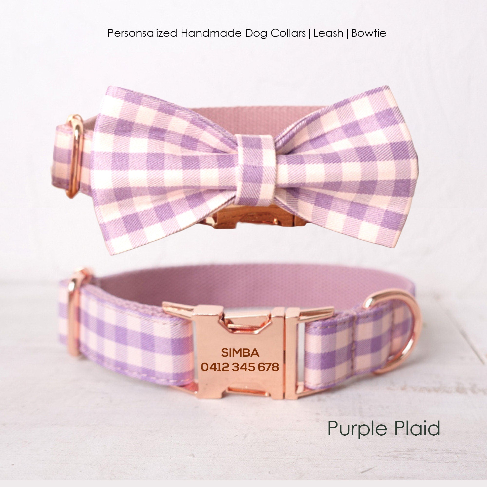 Purple Plaid Custom Dog Collar or Dog Collar and Lead Set