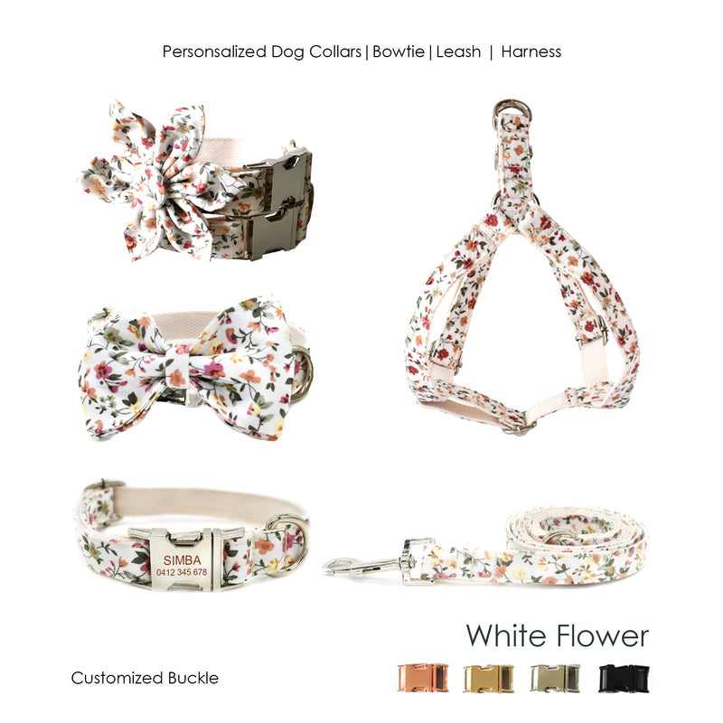 Personalize Engraved Handmade White Floral Dog Collar or Dog Collar and Lead Set, Bowtie and Flower Step In Harness Available