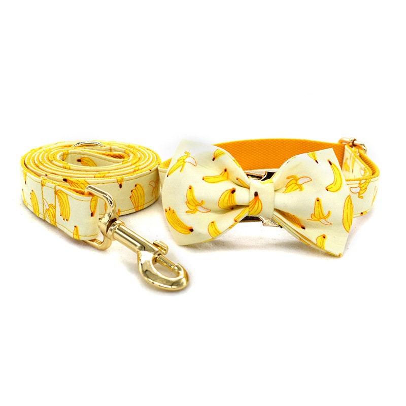 Personalized Engraved Handmade Dog Collar with matching Bowtie, Leash and Step in Harness in Yellow Banana Pattern, Trendy for All Occasions