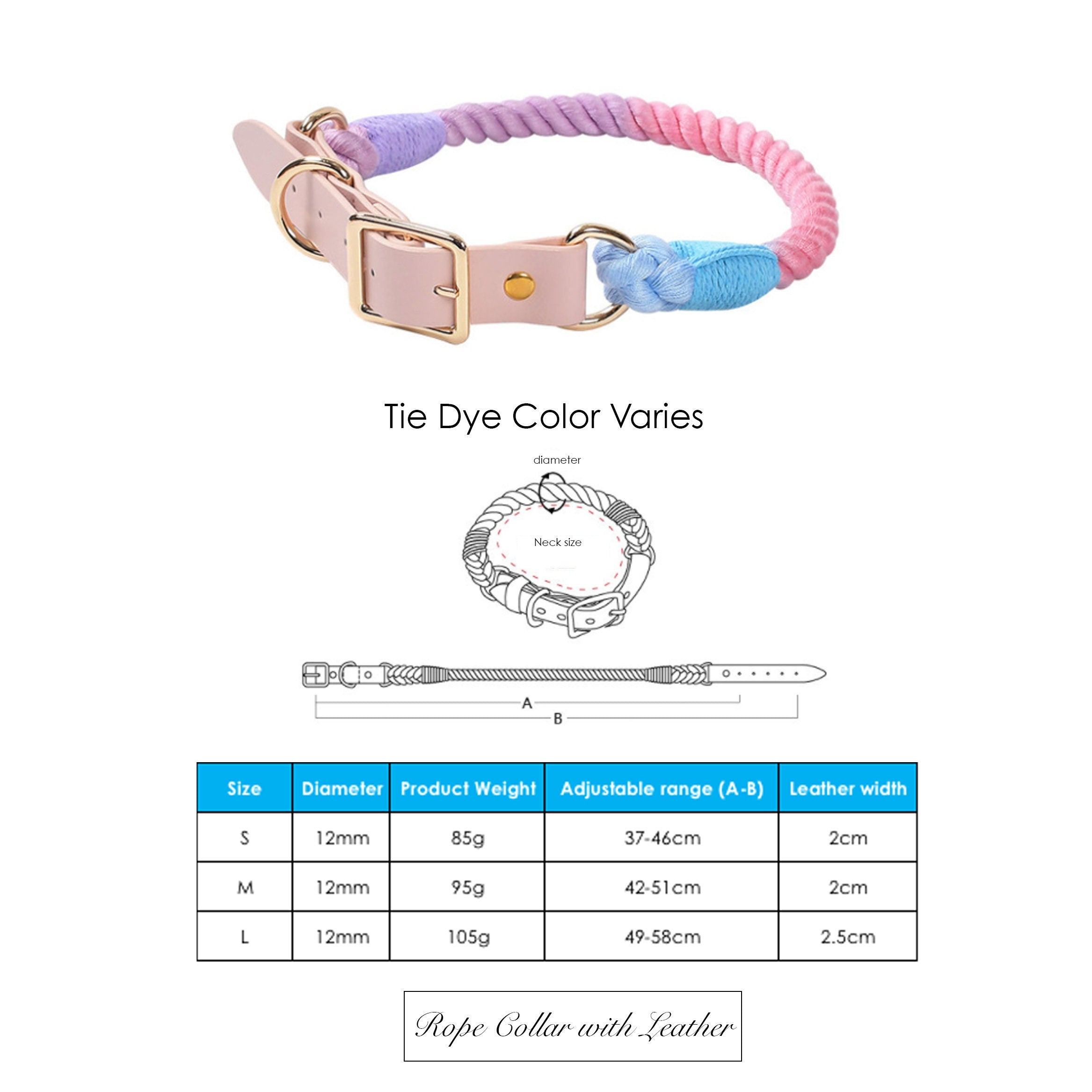 Multi-purpose Macaron Rope Dog Collar with Leather in Tie Dye Design
