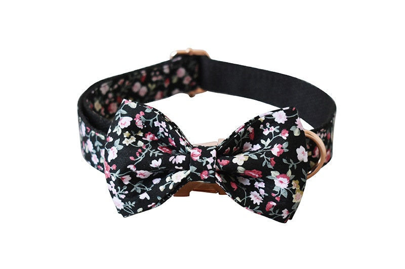 Black Floral Dog Collar and Lead Set, Bowtie and Step-in Harness