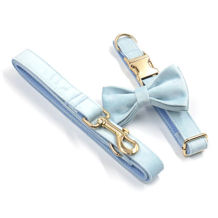 Custom Baby Blue Velvet Personalized Dog Collar, Matching Dog Bowtie, Dog Leash, Dog Harness and Dog Poop Bag, Different Combo