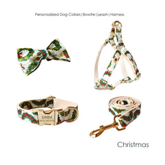 Personalized Engraved Handmade Christmas Dog Collar or Dog Collar and Lead Set, Matching Bowtie and Harness Available