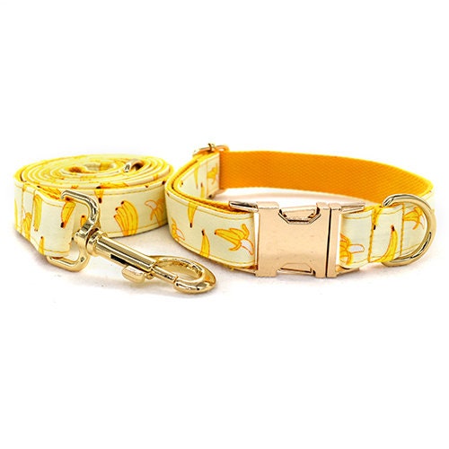 Personalized Engraved Handmade Dog Collar with matching Bowtie, Leash and Step in Harness in Yellow Banana Pattern, Trendy for All Occasions