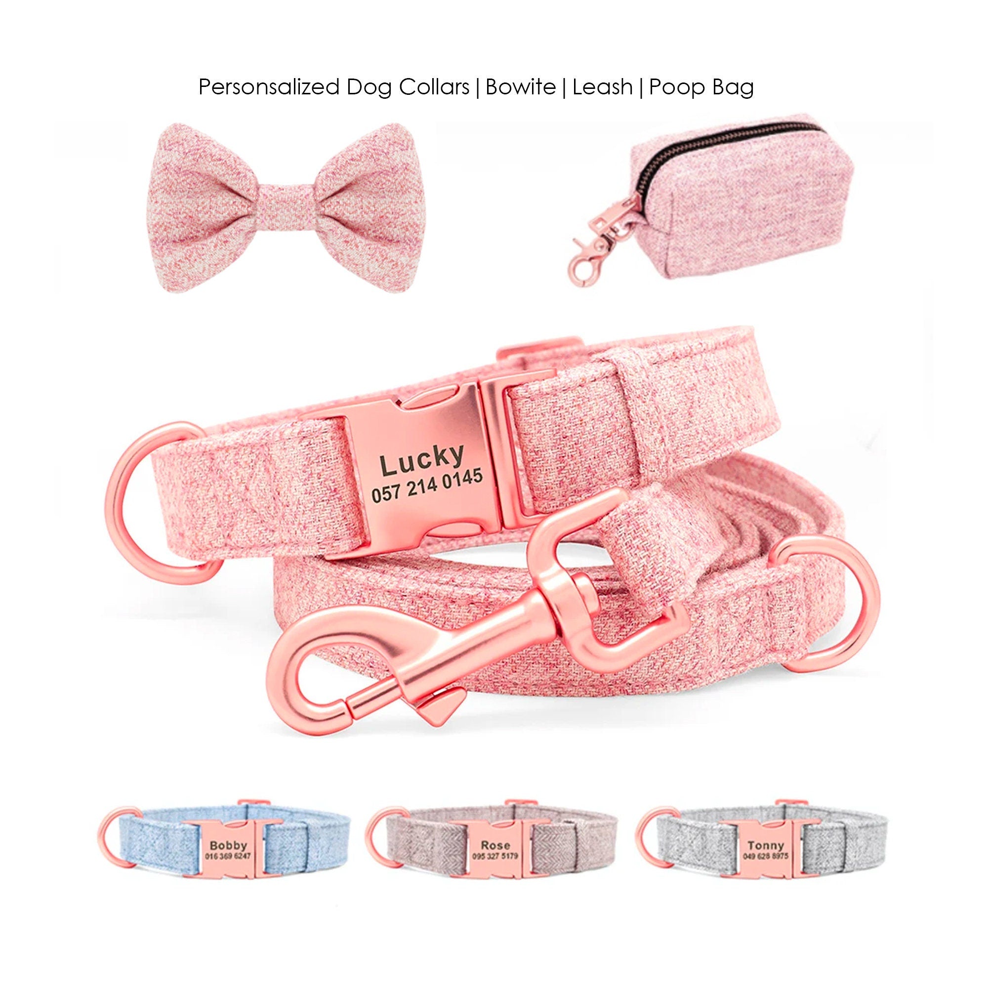 Personalized Laser Engraved Pastel Solid Color Dog Collar Rose Gold Plated buckle * Dog Bowtie, Dog Poop Bag Available