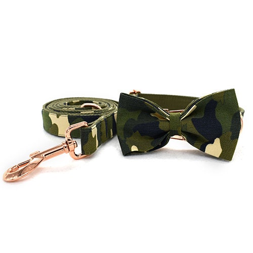Personalized Engraved Handmade Camouflage Dog Collar or Dog Collar and Lead Set, Matching Bowtie and Step-in Harness Available