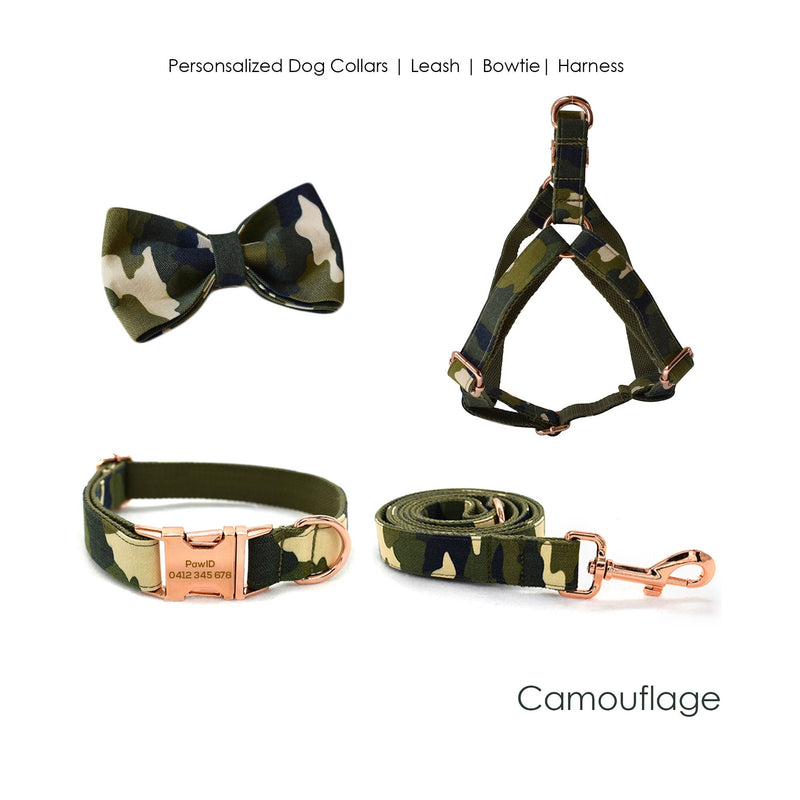 Personalized Engraved Handmade Camouflage Dog Collar or Dog Collar and Lead Set, Matching Bowtie and Step-in Harness Available