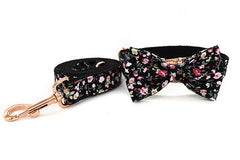 Black Floral Dog Collar and Lead Set, Bowtie and Step-in Harness