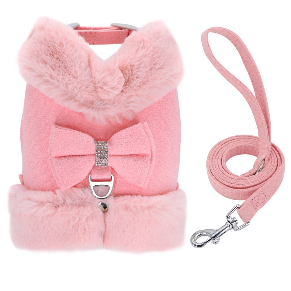Fur Padded Harness and Rhinestone Dog Collar with Matching Leash