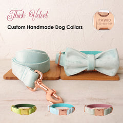 Personalized Engraved Handmade THICK Velvet dog collar, Leash Set, Bowtie Colors available Apple Green, Rose gold & Sky Blue