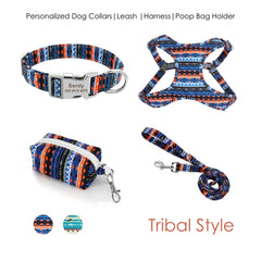 TRIBAL STYLE Dog Collar, Leash, Poop Bag Holder, Matching Harness