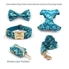 Custom Engraved Water Color Pattern Dog Collar, Leash, Bowtie, Matching Harness, Pet Gift