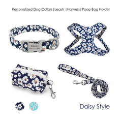 Personalized Engraved Nylon Daisy Floral Dog Collar Lightweight buckle * Poop Bag Holder * Matching Harness for Big Dogs
