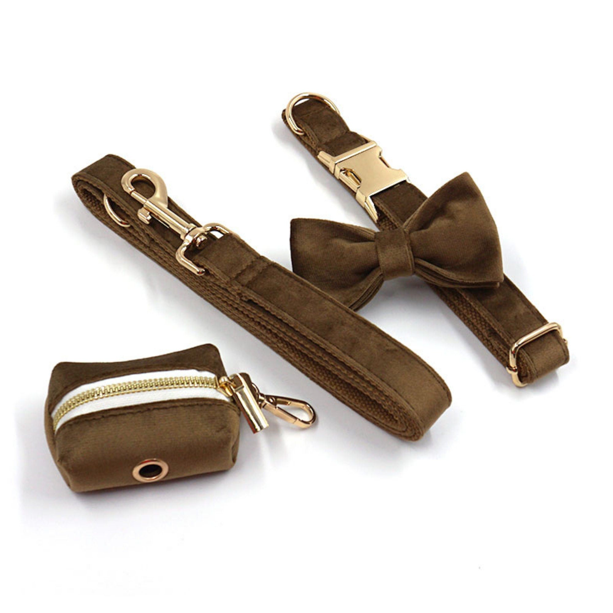Solid Brown Thick Velvet Wedding Dog Collar Lead set, Different Combo
