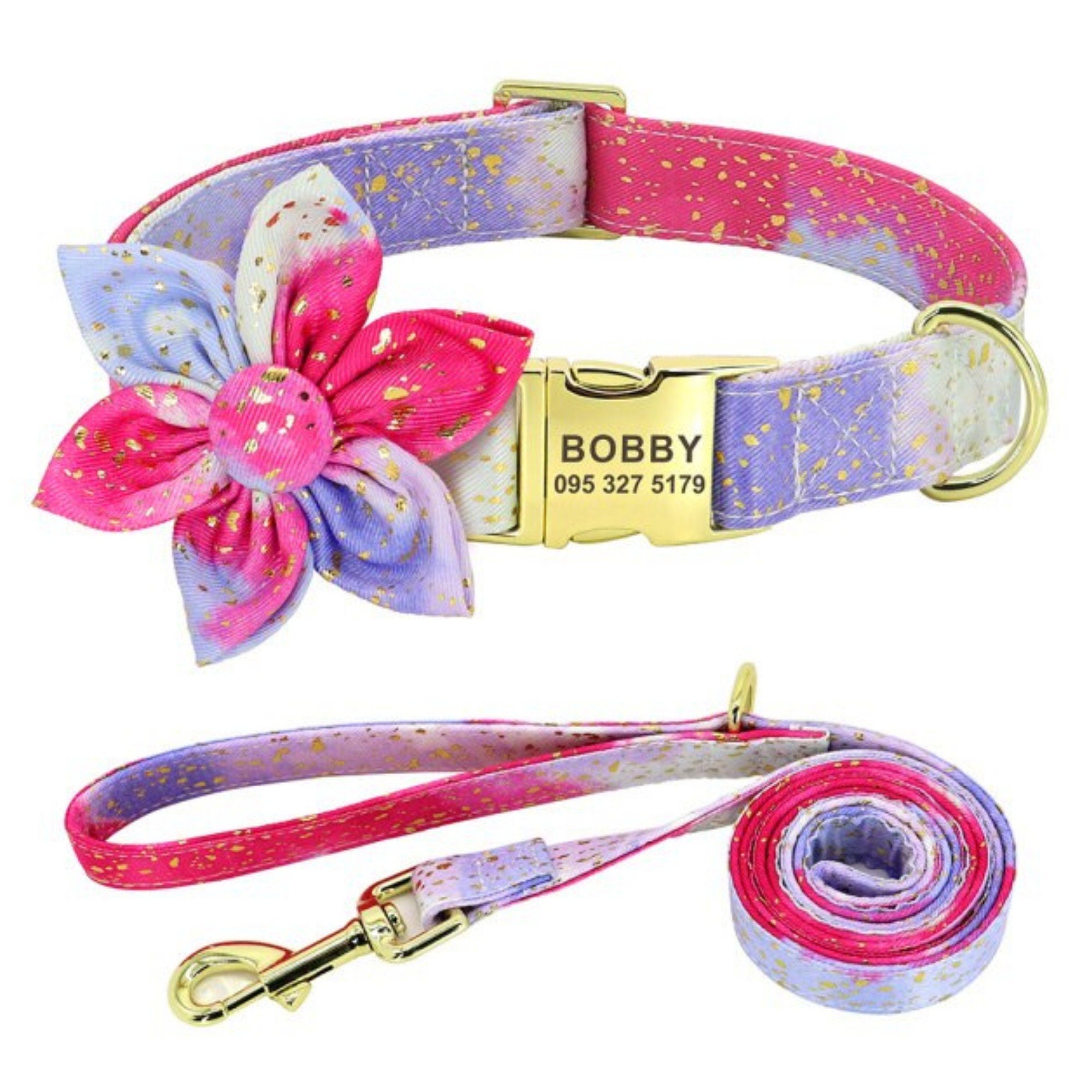 Custom Engraved Golden Sprinkle Tie Dye Flower Dog Collar and Leash with a Long Lasting Buckle, Girl Dog Collar