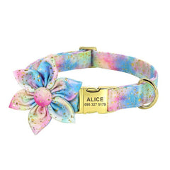 Custom Engraved Golden Sprinkle Tie Dye Flower Dog Collar and Leash with a Long Lasting Buckle, Girl Dog Collar