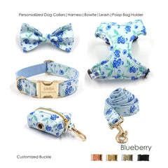 Personalized Handmade Engraved Dog Collar, Leash, Bowtie, Matching Harness in Blueberry Print Pattern, Trendy for All Seasons