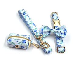 Personalized Handmade Engraved Dog Collar, Leash, Bowtie, Matching Harness in Blueberry Print Pattern, Trendy for All Seasons