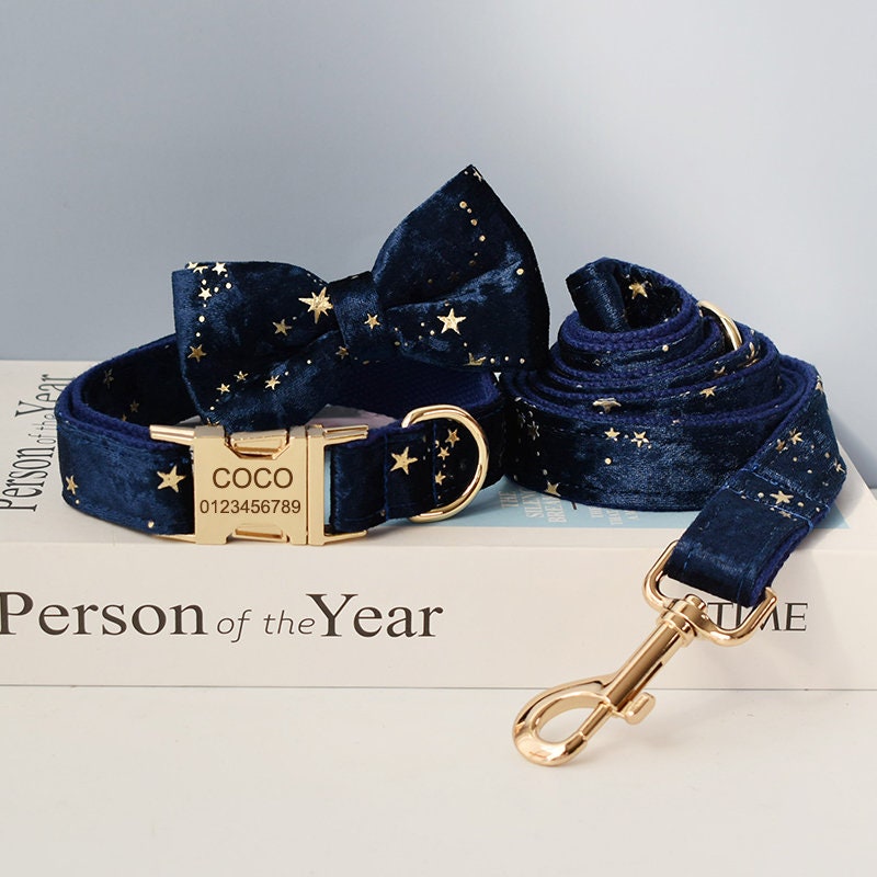 Thick Velvet Golden Star Dog Collar and Lead Set, Bowtie and Harness