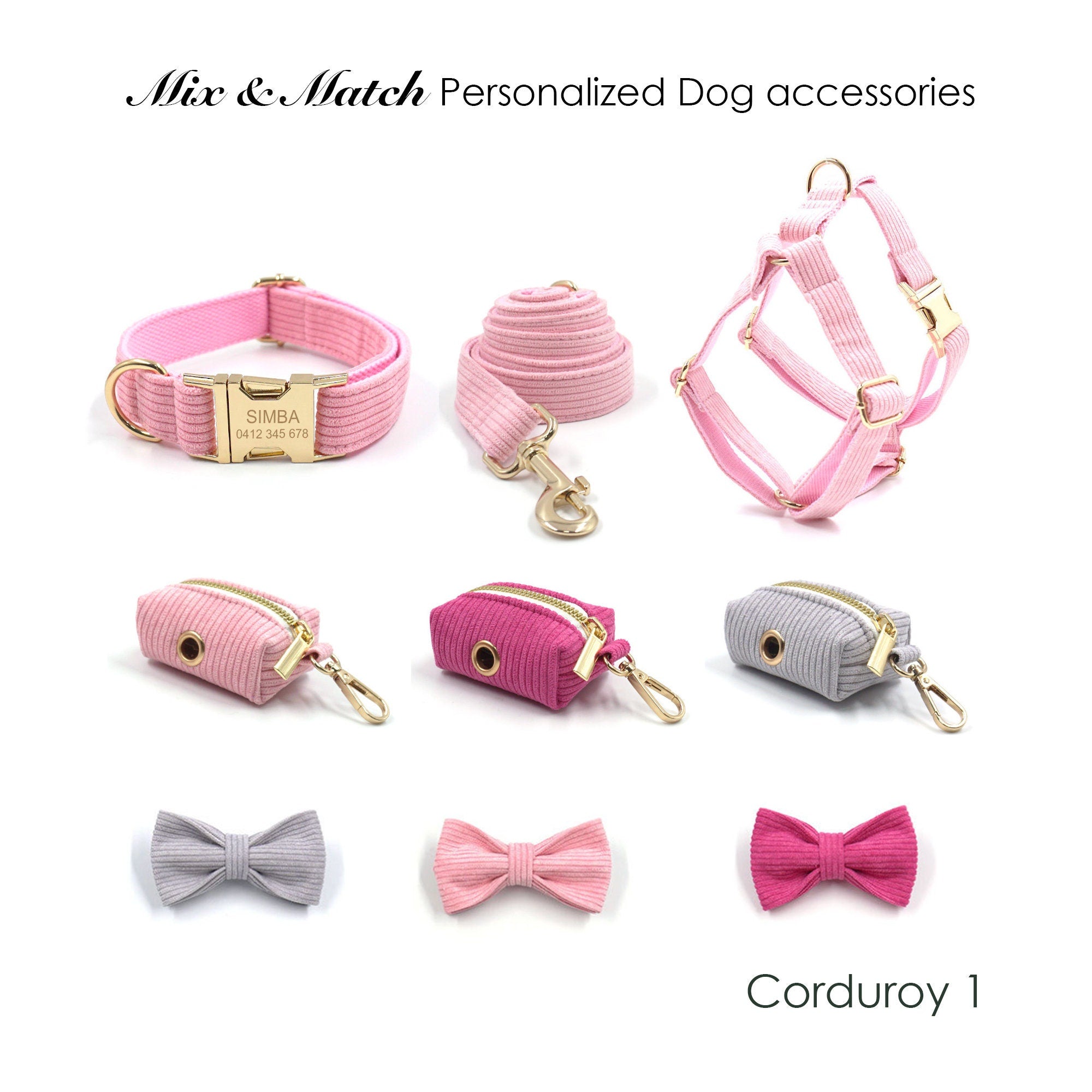 Personalized Engraved Handmade Pink and Grey Corduroy Dog Collar or Dog Collar and Lead, Harness Set, Dog Bowtie, Mix and Match Available