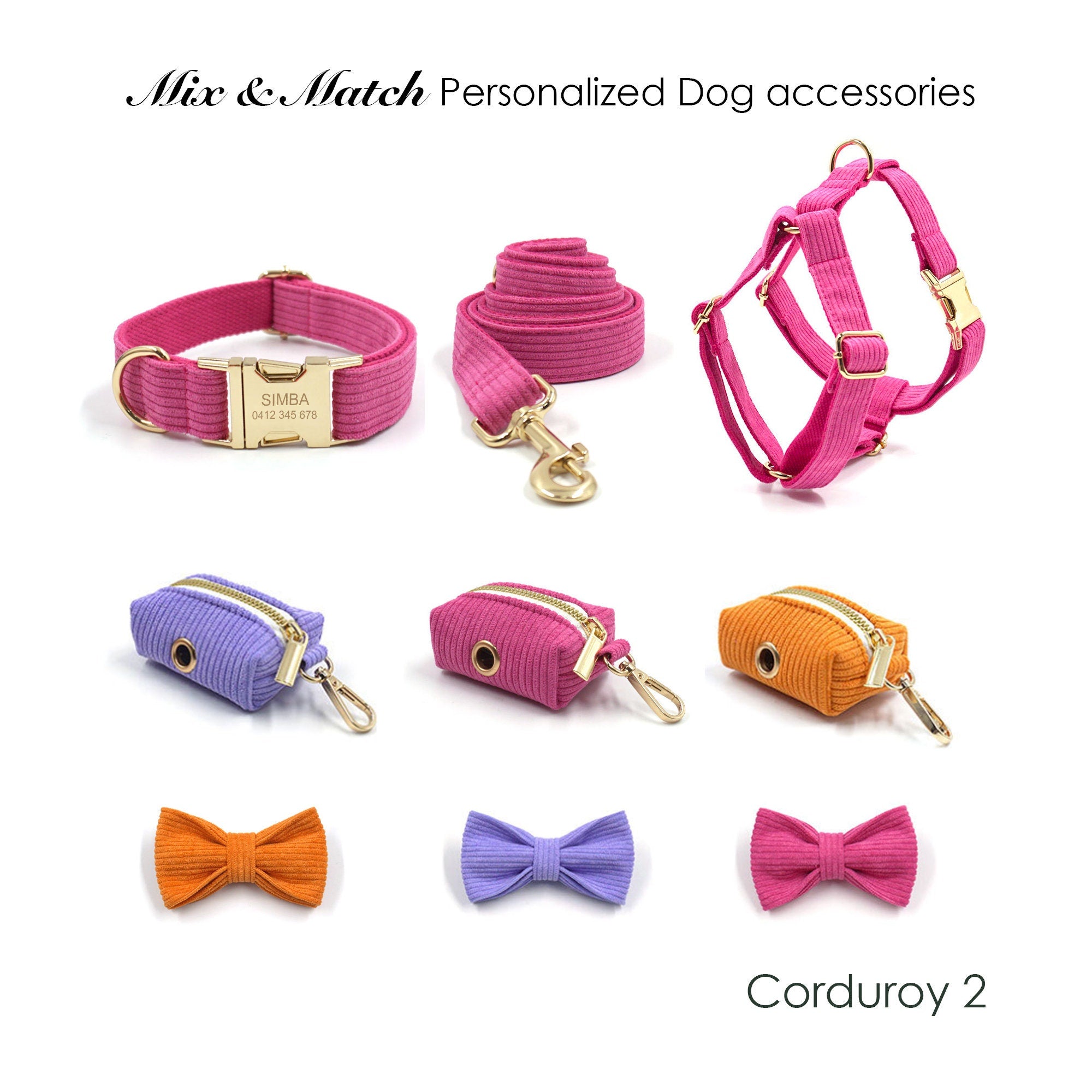 Personalized Engraved Handmade Pink Purple Orange Corduroy Dog Collar, Lead, Harness Set, Dog Bowtie, Mix and Match Available