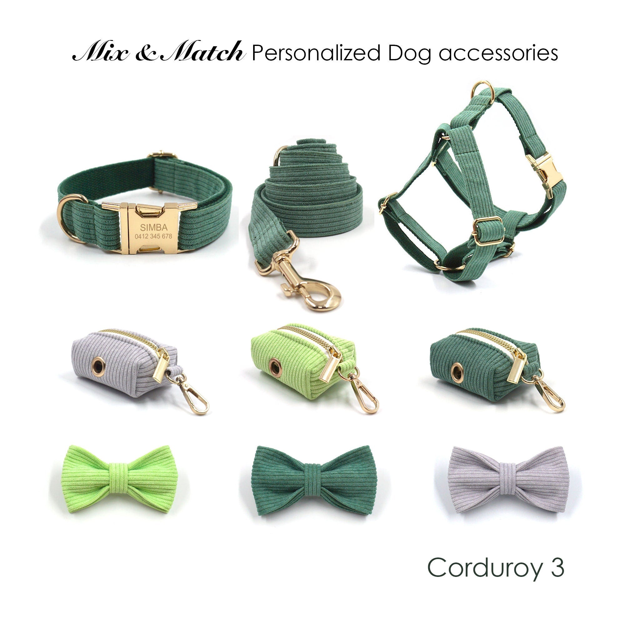 Grey Green Corduroy Dog Collar, Lead, Harness, Bowtie Mix and Match
