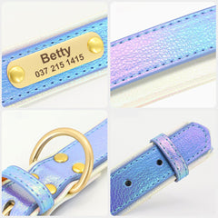 Personalized PU Rainbow Leather Dog Collar, Custom Grey, Pink, Purple, Blue Soft Dog Collar