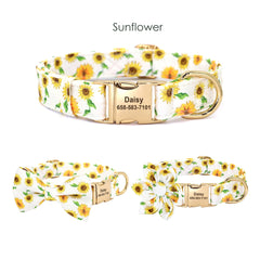 Personalized Engraved Floral, Love Heart, Butterfly, Bee, and Sunflower Dog Collar with removable flower