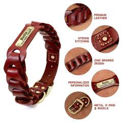 Laser Engraved Genuine Leather Braided Dog Collar for Large dogs