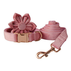 Personalized Engraved Handmade Pink Thick Velvet Dog Collar or Dog Collar and Lead Set, Matching Bowtie and Flower Step In Harness Available