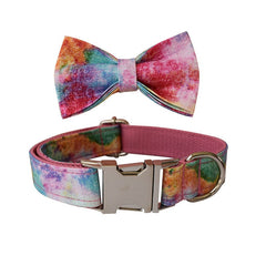 Pink Nebula Tie Dye Dog Collar and Leash Set, Step in Harness, Dog Bow
