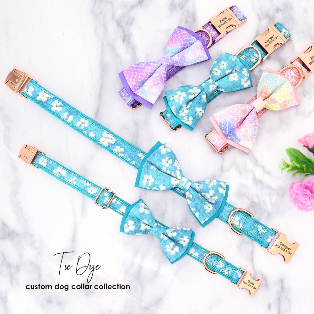 Tie Dye Mermaid, Blue Flower Bowtie Dog Collar with Custom Name