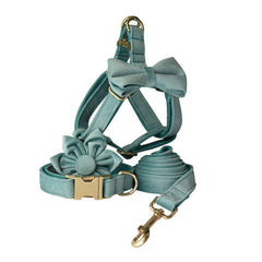 Aqua Thick Velvet Dog Collar and Lead Set and Harness Combo