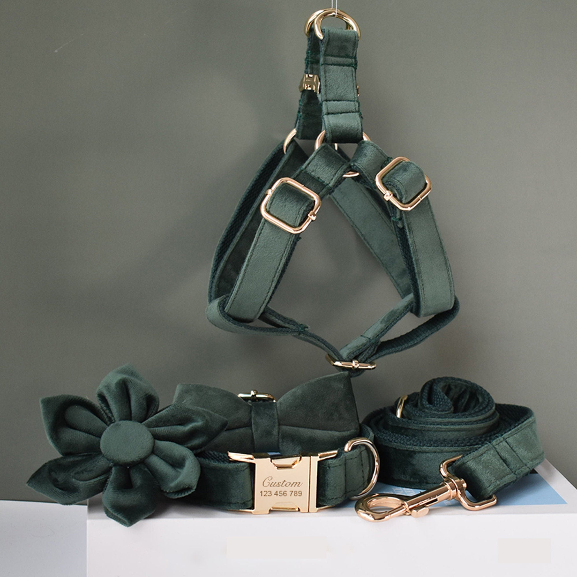 Personalized Engraved Handmade FOREST GREEN Thick Velvet Dog Collar or Dog Collar and Lead Set, Matching Bowtie and Flower Step In Harness