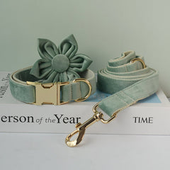 Personalized Engraved Handmade MINT GREEN Thick Velvet Girl or Boy Dog Collar, Harness, and Leash Set with Detachable Matching Bowtie Flower