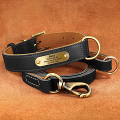 Upgraded Genuine Leather Personalized Dog Collar with Name Plate and Matching Leash