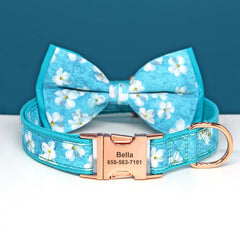 Tie Dye Mermaid, Blue Flower Bowtie Dog Collar with Custom Name