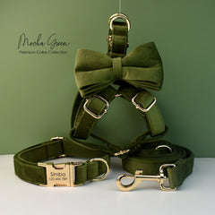 Personalized Engraved Handmade Velvet Dog Collar or Dog Lead Set, Matching Bowtie and Harness in Army Green and Solid Pattern