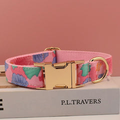 Personalized Engraved Handmade Dog Collar or Dog Lead Set, Matching Bowtie and Step-In Harness in Pink and Colorful Shell Prints Pattern