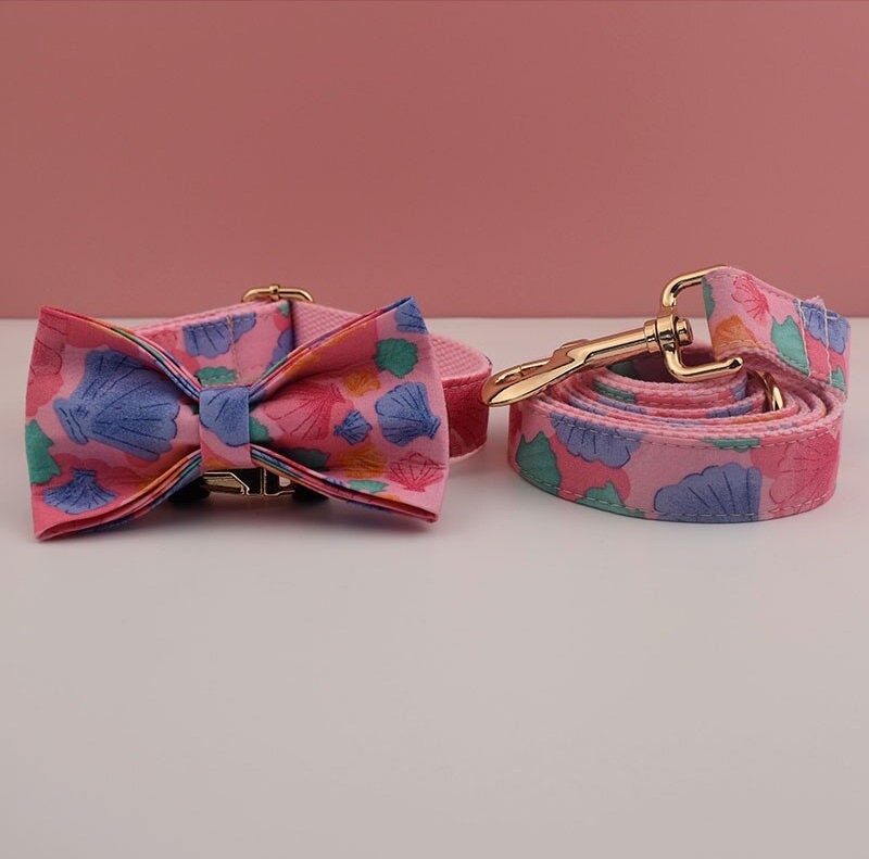 Personalized Engraved Handmade Dog Collar or Dog Lead Set, Matching Bowtie and Step-In Harness in Pink and Colorful Shell Prints Pattern
