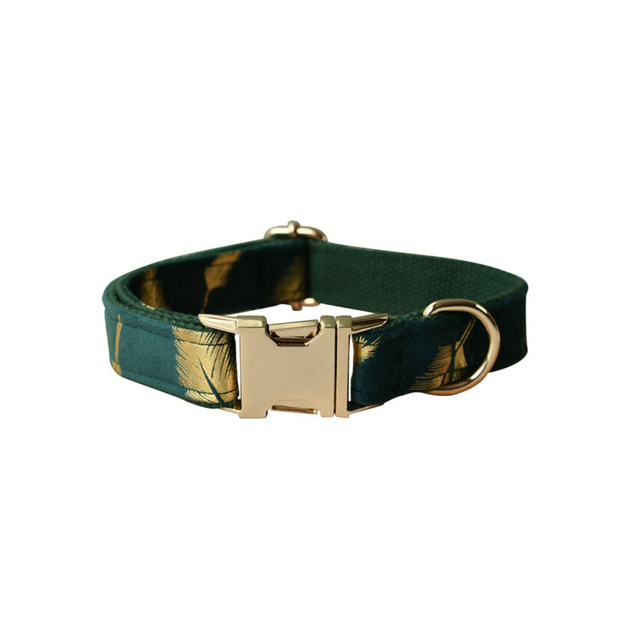 Personalized Engraved Dog Collar with Matching Harness and Leash Set in Emerald Green and Golden Leaves Pattern, Great for all Occasions