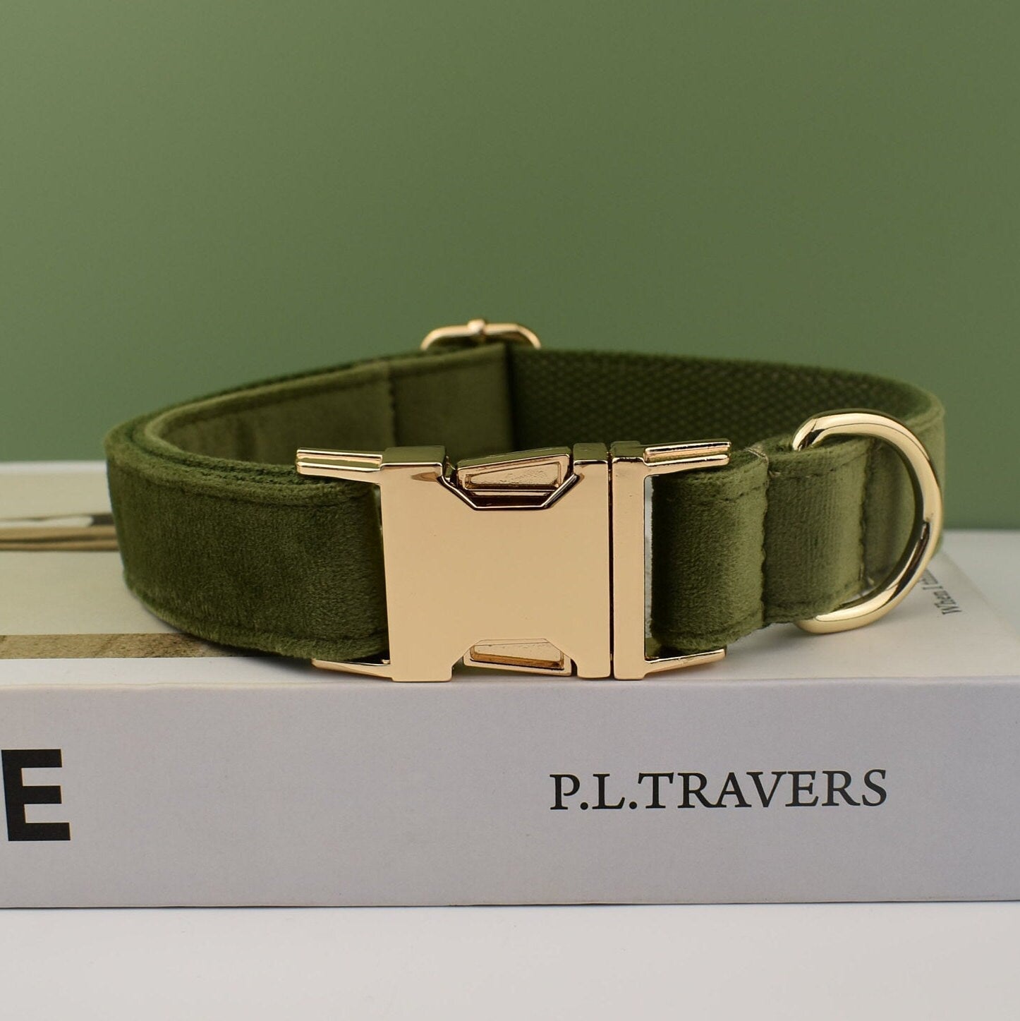 Personalized Engraved Handmade Velvet Dog Collar or Dog Lead Set, Matching Bowtie and Harness in Army Green and Solid Pattern