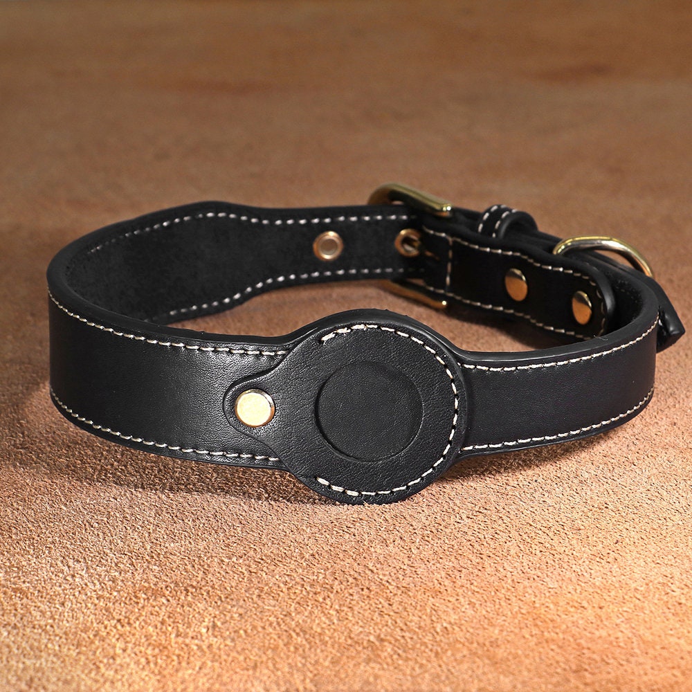 AirTag Compatible Leather Dog Collar in Black Leather and Brown Leather and Solid Pattern, Trendy Style for Medium to Large Dog