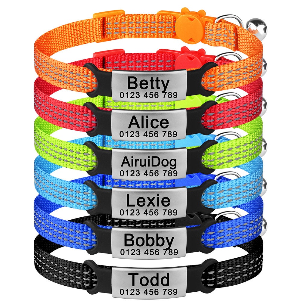 Personalized Engraved Reflective Breakaway Cat Tag Collar in Light Blue, Orange, Black, Red, Blue, Light Green with Bell