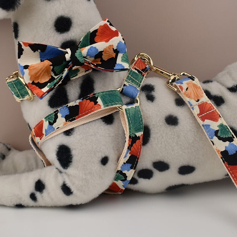 Colorful Shell Prints Dog and Lead Set, Step-In Harness, Bowtie