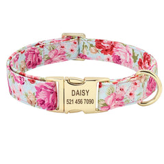 Personalized Engraved Handmade Dog Collar in Pink and Fancy Floral Pattern, Trendy Style for All Seasons